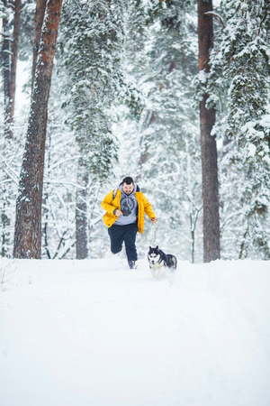 Man and dog in the snow in a forest in the afternoonの写真素材