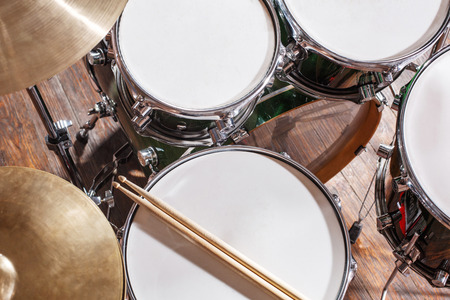 Drumsticks are on the drum set top viewの写真素材