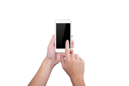 Girl clicks on the screen of phoneの写真素材