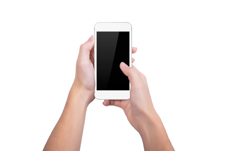 Girl presses the white phone screen fingerの写真素材