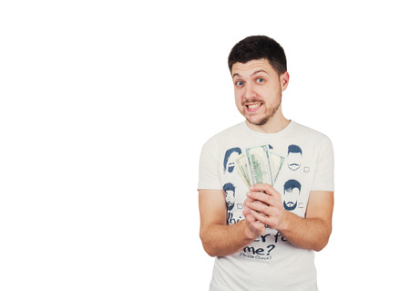 Man is happy about money he hasの写真素材