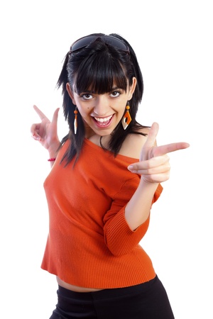 Girl having a good time while dancing isolated on white - part of a series.の写真素材