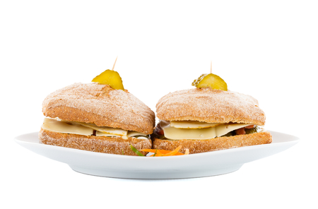 Twin sandwitches with cheese and ham.の写真素材
