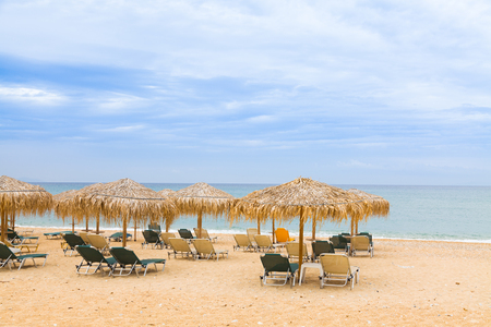 Dry exotic plants used to make sun umbrellas on a beach of the Mediterranean sea for sunbeds.の写真素材