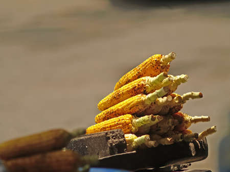 nineteen corns were piled pyramids on the grillの写真素材