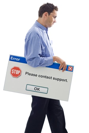 Sad computer user with error message - easily editable - looking for help - isolated