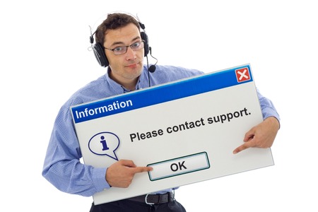 Friendly IT support staff member with computer message box guiding the customer - isolated