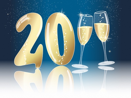 New years eve concept for 2011 with champagne glasses on dark blue sky backgroundのイラスト素材