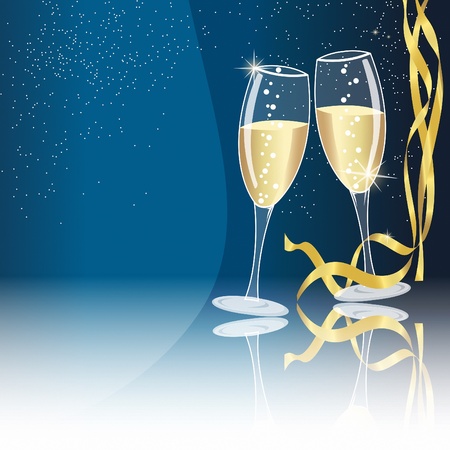 Champagne glasses on blue background with some golden ribbons - new year conceptのイラスト素材