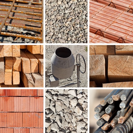 Basic construction materials collage with concrete mixer in center