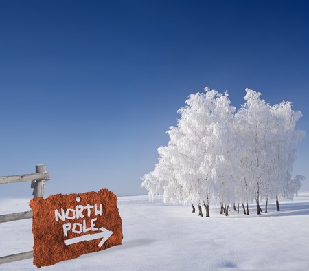 Rusty metallic sign indicating north pole in winter scenery