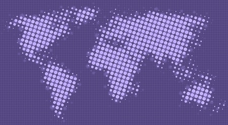 Halftone dots map of the world in purple shadesの写真素材