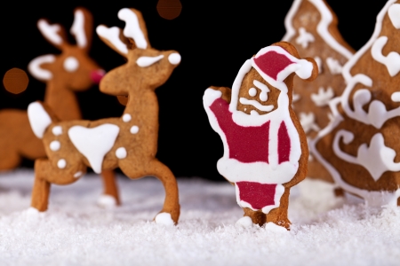 Christmas food setting - gingerbread santa with deers, closeupの写真素材