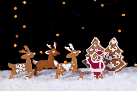 Christmas cookies in holidays greeting card setting - santa with his deersの写真素材