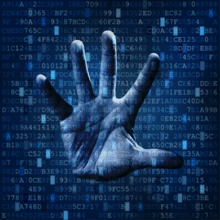 Technology concept with human hand and digital data backgroundの写真素材