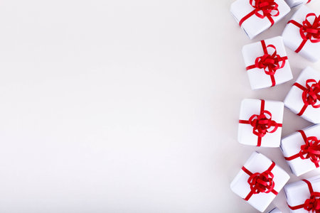 Christmas gifts background with large copy spaceの写真素材