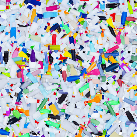 Lots of plastic bottles dumped in garbage - background of pollution conceptの写真素材