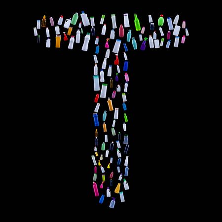 Letter T made of plastic waste bottles - pollution and ecology themed alphabetの写真素材