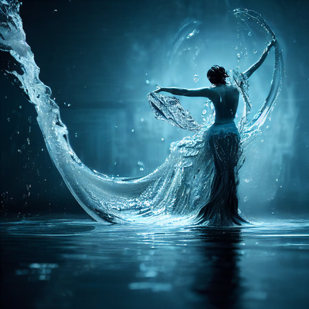 3d render of water elemental goddess emerging majestically above the water and dancing, dressed in splashes of water. Feminine power concept. AI generated art illustration.の素材