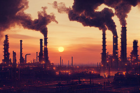 Industrial facility or oil refinery factory with tall smokestacks spewing smoke. Environmental...