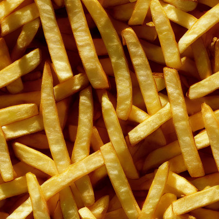 French fries background, closeup. Seamless tileable french fries pattern.