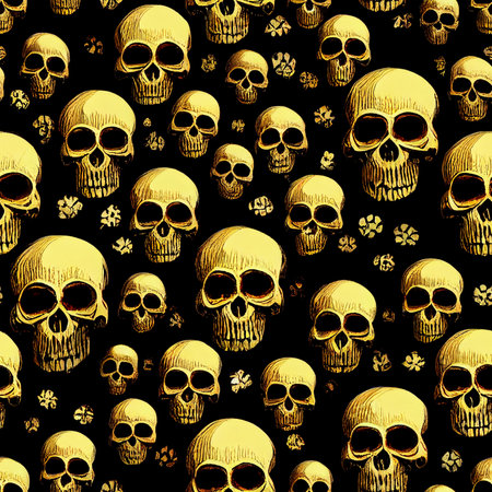 Seamless pattern with old yellowed skulls on black background - halloween wrapping paper patternの写真素材
