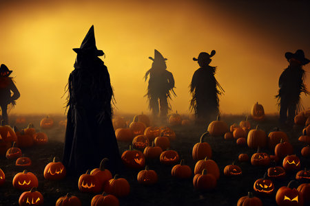 Magical mysterious scarecrows guarding the halloween pumpkin jack-o lanterns in the misty field at night with lots of pumpkins laying around. Happy Halloween.の写真素材