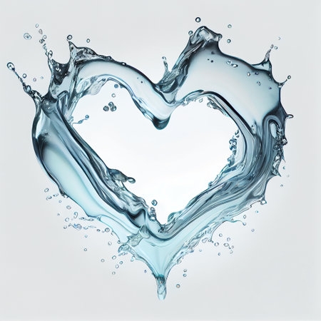 Abstract water heart design element, water jet flowing in heart shape splashing, liquid splash on white backgroundの素材