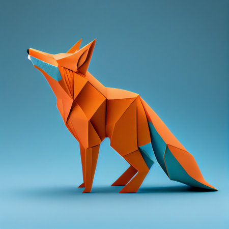 Origami fox on blue background - side viewの素材