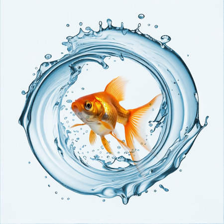 Goldfish swimming through a water ring. Water jet flowing and splashing in a round frame, liquid splash around a goldfishの素材