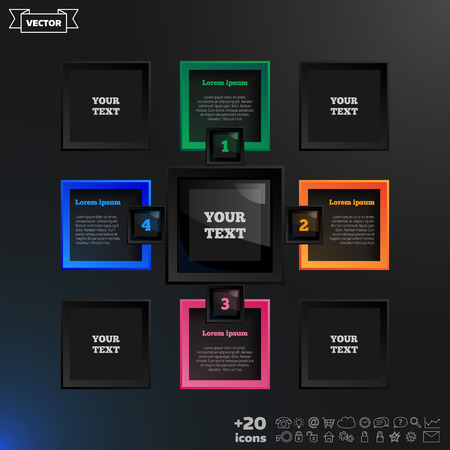 Vector infographic design with colorful squares on the black background. Business concept with 4 options, parts, steps. Can be used for graph, diagram, chart, workflow layout, number options, web.のイラスト素材