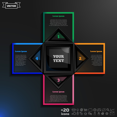 Vector infographic design with colorful squares on the black background. Business concept with 4 options, parts, steps. Can be used for graph, diagram, chart, workflow layout, number options, web.のイラスト素材