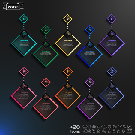 Vector infographic design list with colorful rhombs on the black background. Business concept. 10 options, parts, steps. Can be used for graph, diagram, chart, workflow layout, number options, webのイラスト素材
