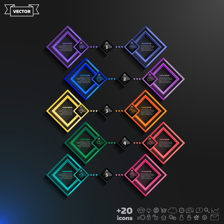 Vector infographics design with colorful rhombs on the black background. Business concept with 10 options, parts, steps. Can be used for graph, diagram, chart, workflow layout, number options, web.のイラスト素材