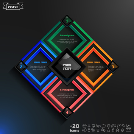 Vector infographics design with colorful rhombs on the black background. Business concept with 4 options, parts, steps. Can be used for graph, diagram, chart, workflow layout, number options, web.のイラスト素材