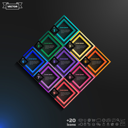 Vector infographic design list with colorful rhombs on the black background. Business concept. 9 options, parts, steps. Can be used for graph, diagram, chart, workflow layout, number options, webのイラスト素材