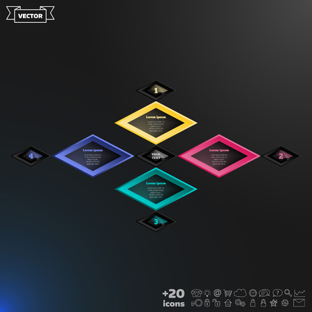 infographics design with colorful rhombs on the black background. Business concept with 4 options, parts, steps. Can be used for graph, diagram, chart, workflow layout, number options, web.のイラスト素材