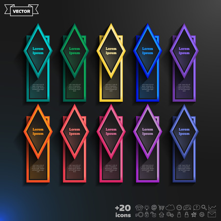 infographic design list with colorful rhombs on the black background. Business concept. 10 options, parts, steps. Can be used for graph, diagram, chart, workflow layout, number options, web.のイラスト素材