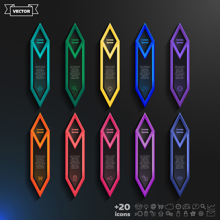 infographic design list with colorful rhombs on the black background. Business concept. 10 options, parts, steps. Can be used for graph, diagram, chart, workflow layout, number options, web.のイラスト素材