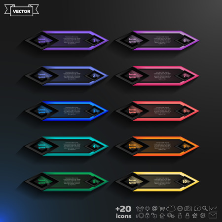 infographic design list with colorful rhombs on the black background. Business concept. 10 options, parts, steps. Can be used for graph, diagram, chart, workflow layout, number options, web.のイラスト素材