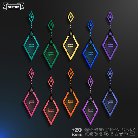 infographic design list with colorful rhombs on the black background. Business concept. 10 options, parts, steps. Can be used for graph, diagram, chart, workflow layout, number options, web.のイラスト素材