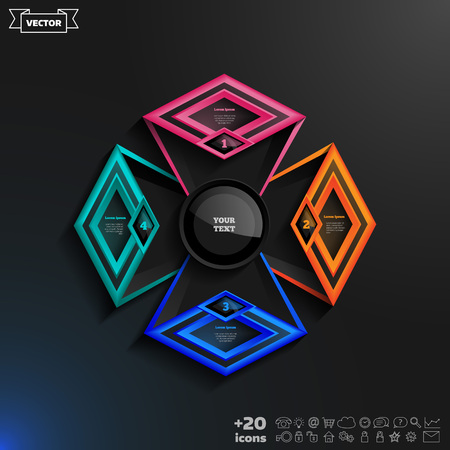 Vector infographics design with colorful rhombs on the black background. Business concept with 4 options, parts, steps. Can be used for graph, diagram, chart, workflow layout, number options, web.のイラスト素材