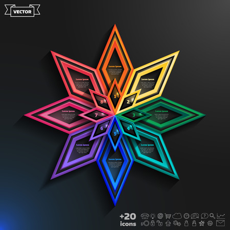 Vector infographics design with colorful rhombs on the black background. Business concept with 8 options, parts, steps. Can be used for graph, diagram, chart, workflow layout, number options, web.のイラスト素材