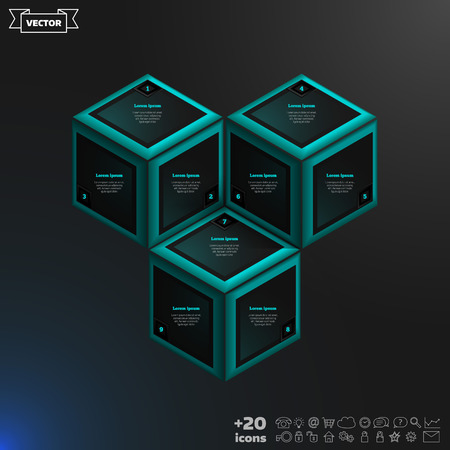 Vector isometric infographic with blue cubes on the black background. Business concept with 9 options, parts, steps. Can be used for graph, diagram, chart, workflow layout, number options, web.のイラスト素材