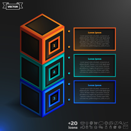 Vector isometric infographic with colorful cubes on the black background. Business concept with 3 options, parts, steps. Can be used for graph, diagram, chart, workflow layout, number options, web.のイラスト素材