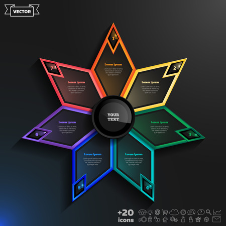 Vector infographics design with colorful rhombs on the black background. Business concept with 7 options, parts, steps. Can be used for graph, diagram, chart, workflow layout, number options, web.のイラスト素材