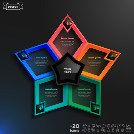 Vector infographics design with colorful rhombs on the black background. Business concept with 5 options, parts, steps. Can be used for graph, diagram, chart, workflow layout, number options, web.のイラスト素材