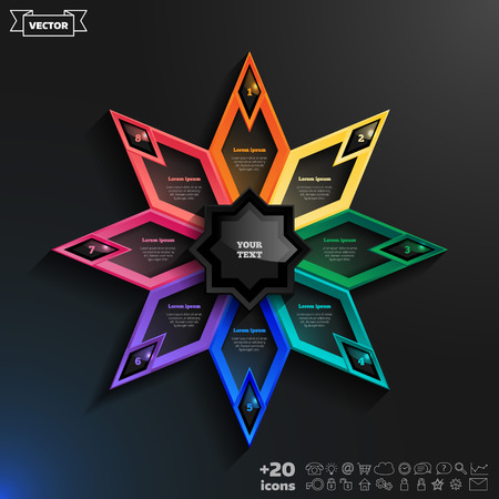 Vector infographics design with colorful rhombs on the black background. Business concept with 8 options, parts, steps. Can be used for graph, diagram, chart, workflow layout, number options, web.のイラスト素材