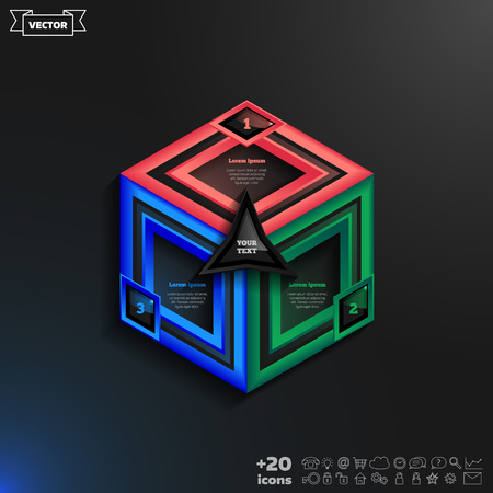 Vector infographics design with colorful rhombs on the black background. Business concept with 3 options, parts, steps. Can be used for graph, diagram, chart, workflow layout, number options, web.のイラスト素材