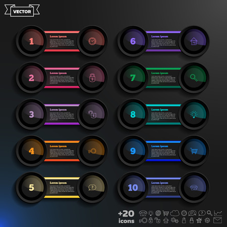 infographic design list with colorful circles on the black background. Business concept. 10 options, parts, steps. Can be used for graph, diagram, chart, workflow layout, number options, webのイラスト素材